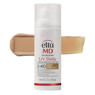 EltaMD UV Daily Tinted Broad Spectrum SPF 40, 1.7 oz airless pump bottle with a tint swatch on a white background