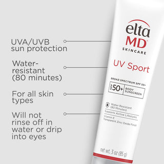 EltaMD UV Sport Broad Spectrum SPF 50+ with UVA/UVB, water-resistance and no-drip feature callouts