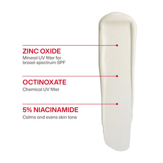 EltaMD UV Clear Broad Spectrum SPF 46 swatch with zinc oxide, octinoxate and 5% niacinamide callouts