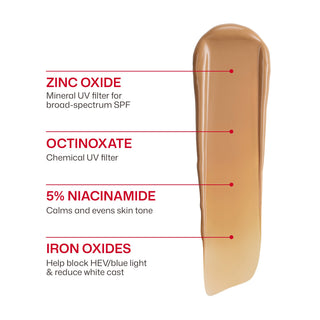 EltaMD UV Clear Tinted Broad Spectrum SPF 46 swatch with zinc oxide, octinoxate, 5% niacinamide and iron oxide callouts