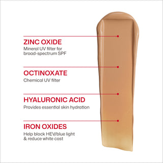 EltaMD UV Daily Tinted Broad Spectrum SPF 40 swatch with zinc oxide, octinoxate, hyaluronic acid and iron oxide callouts