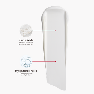 EltaMD UV Daily Broad Spectrum SPF 40 texture swatch with zinc oxide and hyaluronic acid callouts