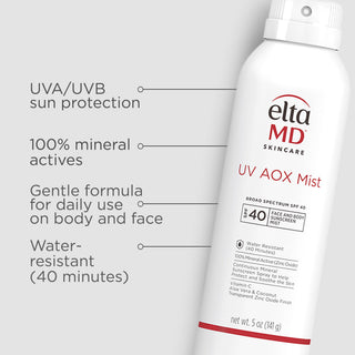 EltaMD UV AOX Mist Broad Spectrum SPF 40 mineral sunscreen spray with UVA/UVB and water-resistant feature callouts