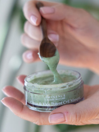 Eminence Citrus & Kale Potent C+E Masque, shown in use