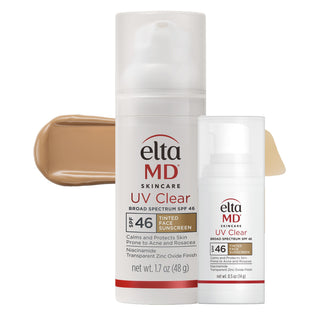EltaMD UV Clear Tinted Broad Spectrum SPF 46 in 1.7 oz and 0.5 oz sizes with a tint swatch