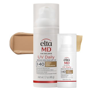 EltaMD UV Daily Tinted Broad Spectrum SPF 40 in 1.7 oz and 0.5 oz sizes with a tint swatch