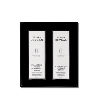 Dr. Lara Devgan Glass Skin Protocol open gift box with two serums